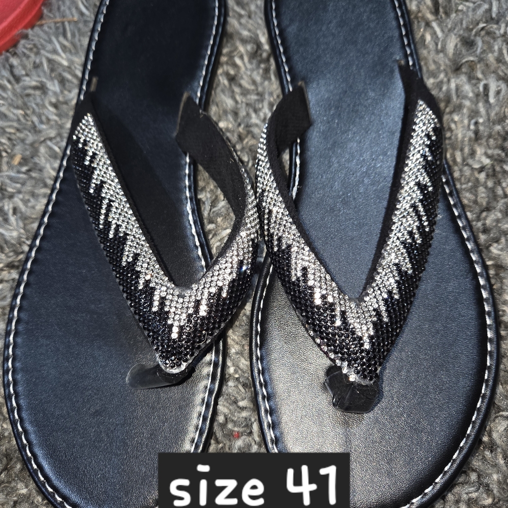 Women's Black and Silver Beaded Sandal Flip Flops